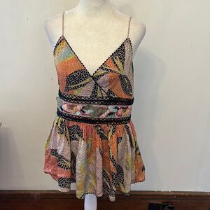 BHANUNI by JYOTI patterned orange brown  spaghetti strap beaded blouse Size 6